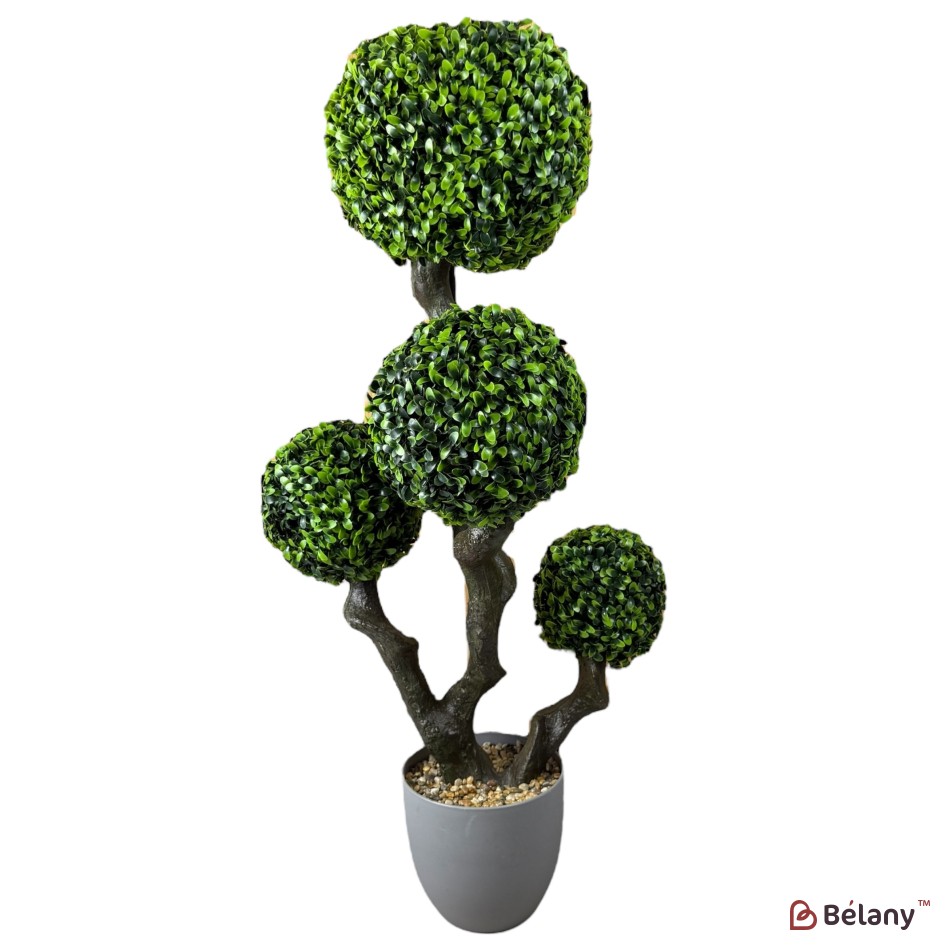 Arbore decorativ artificial, 90 cm, în ghiveci gri, cu 4 bile verzi ornamentale | 4