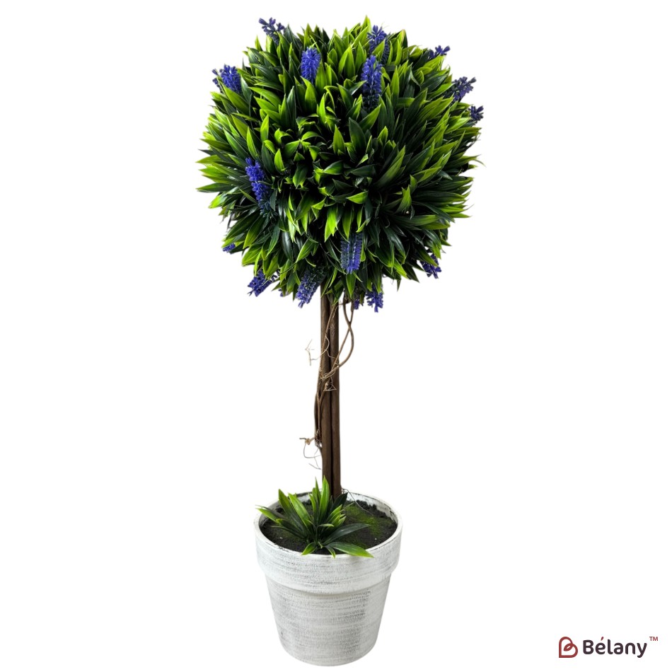 Arbore decorativ artificial cu flori albastre, 60 cm, ghiveci alb