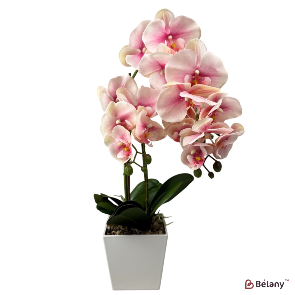 Orhidee artificială roz, 56 cm, ghiveci alb