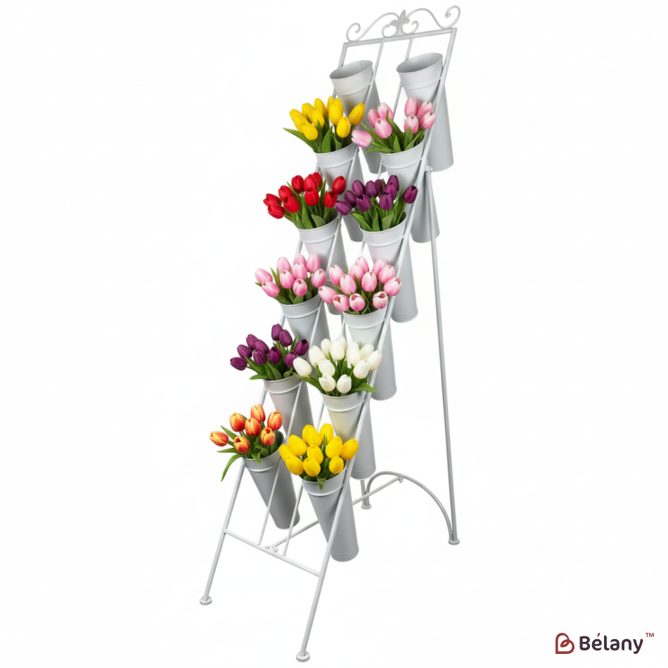 Metal floral display case with buckets WHITE 168×100×41 cm, bucket diameter 22 cm