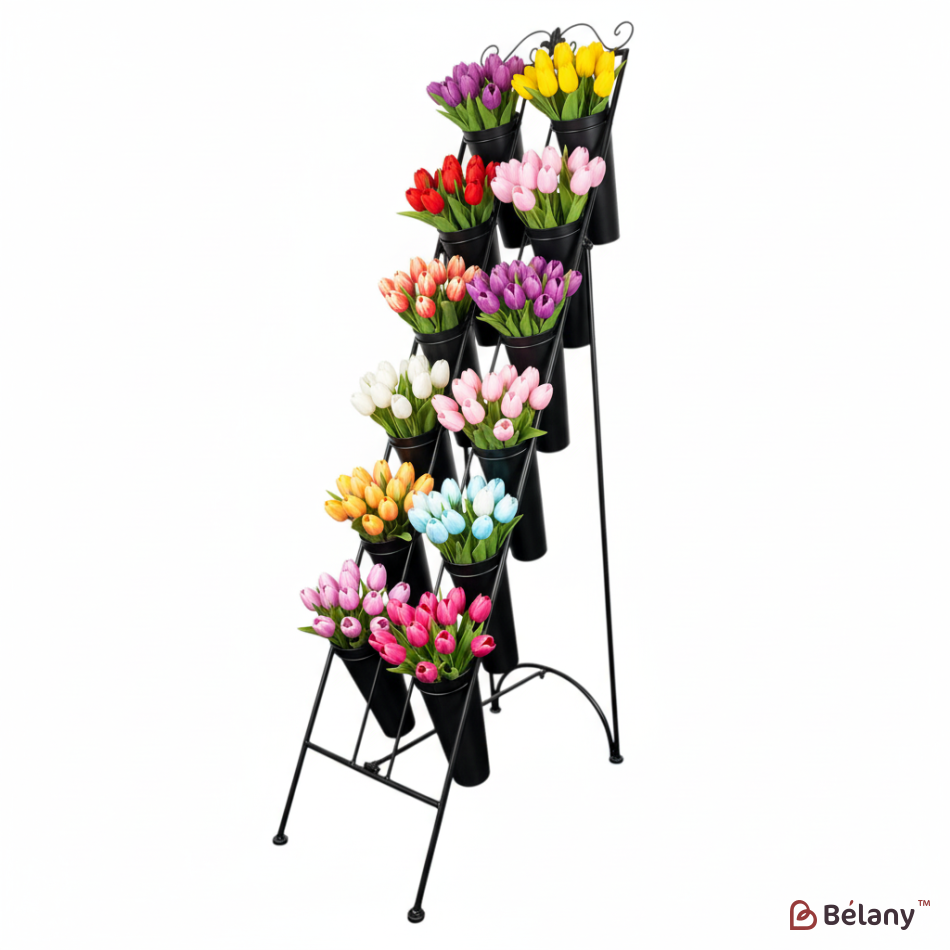 Vitrină florală metalică cu găleți NEGRU 168×100×41 cm, diametru găleată 22 cm