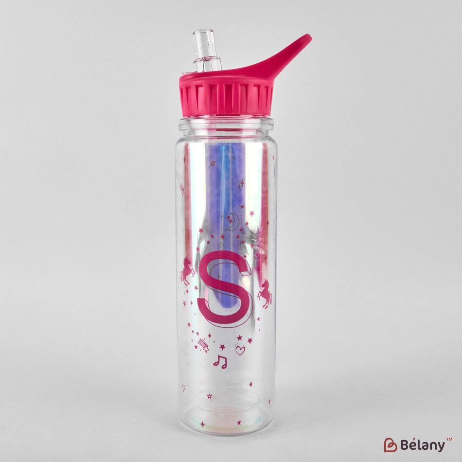Sticla de apa cu paie, 320 ml, efect oglinda, capac fucsia