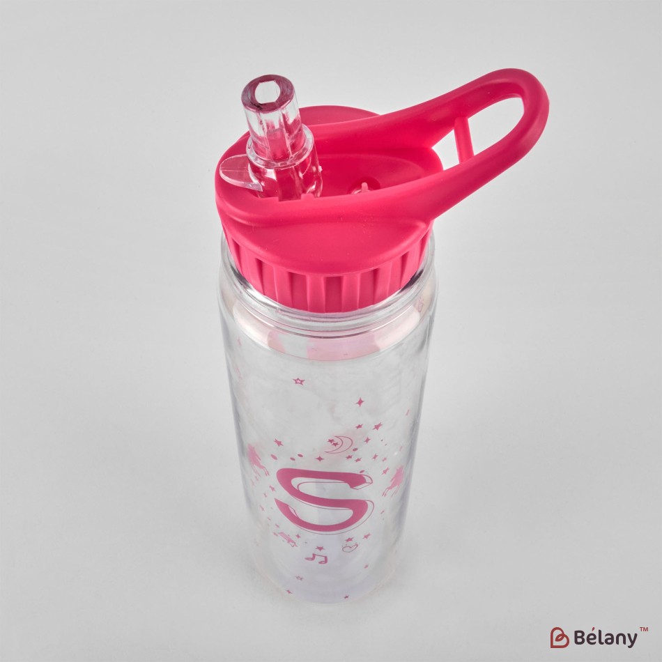 Sticla de apa cu paie, 320 ml, efect oglinda, capac fucsia | 2