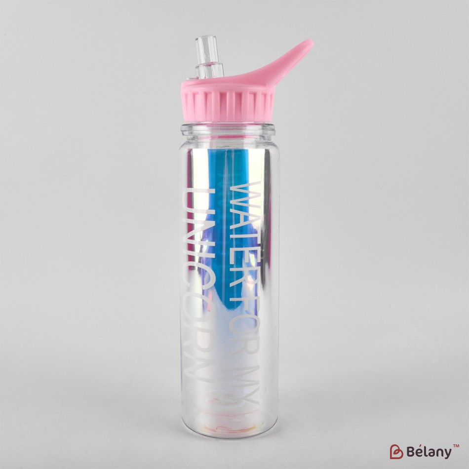 Sticla de apa cu paie, 320 ml, efect oglinda, capac roz