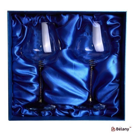 Set pahare cadou, in cutie albastra si geanta, pe stofa albastra 21 cm