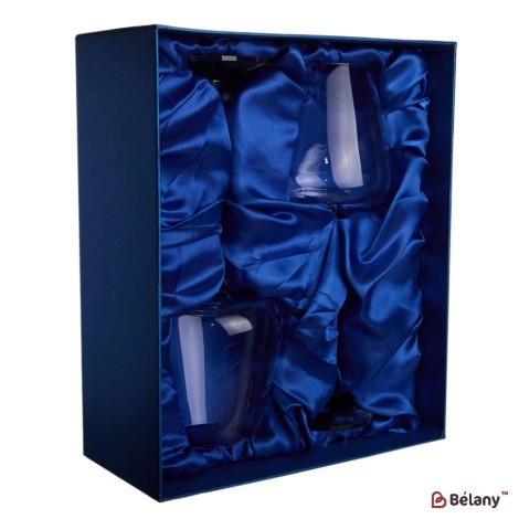 Set pahare cadou, in cutie albastra si geanta, pe stofa albastra 27 cm