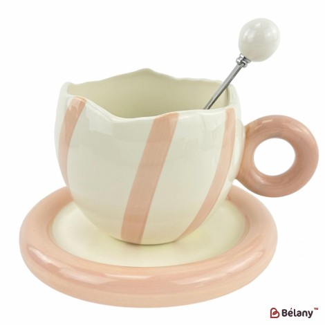 Cana din ceramica cu farfurie si lingura "Purr Purr" alb si roz