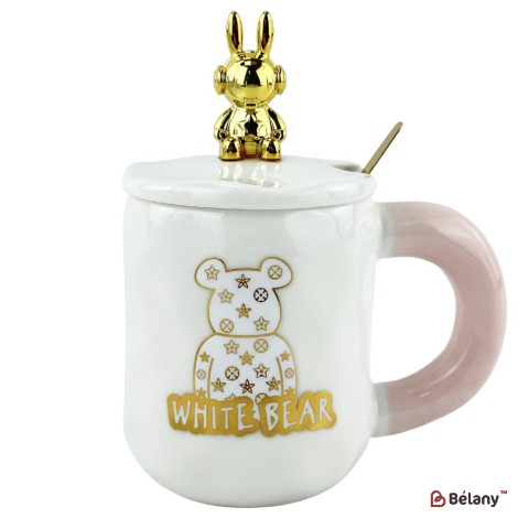 Cana din ceramica alba cu lingura si capac "White bear"