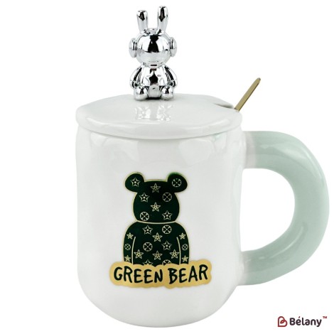 Cana din ceramica alba cu lingura si capac "Green bear"