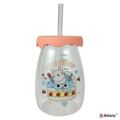 Glass sippy cup with pink lid and straw “Happy Baby”