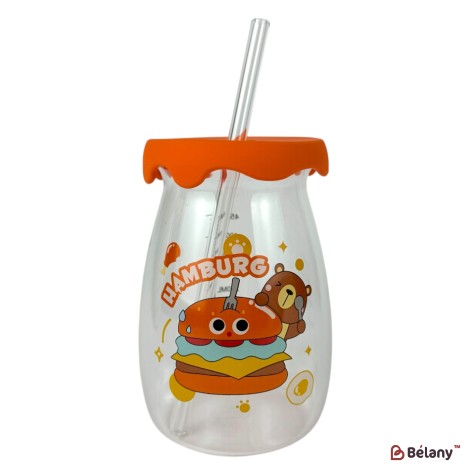 Cană de băut din sticlă cu capac portocaliu și pai „Happy Baby”
