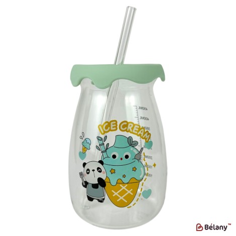 Cană de băut din sticlă cu capac mentă și pai „Happy Baby”