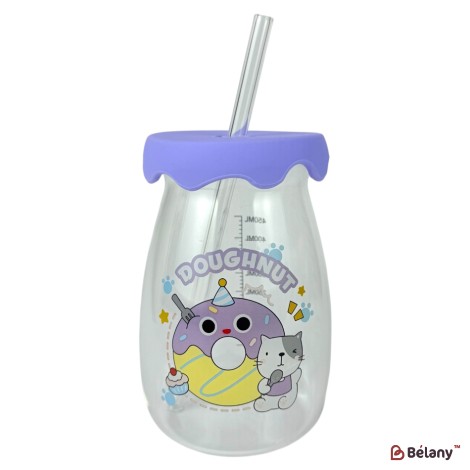Cană de băut din sticlă cu capac liliachiu și pai „Happy Baby”