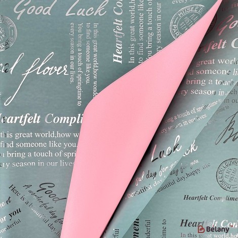 Double-sided blue-pink cellophane with silver lettering.
