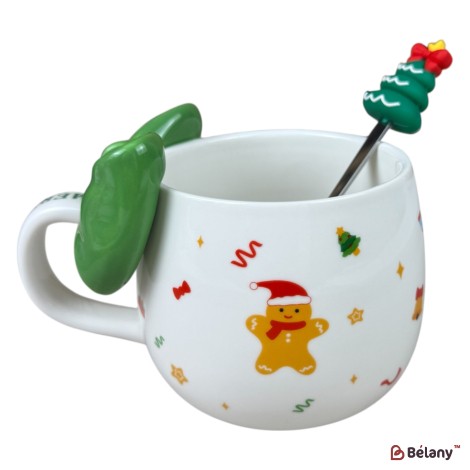 Cană de Crăciun „Funny Xmas” alb cu mâner verde și Omuleț de Turtă Dulce, 420 ml