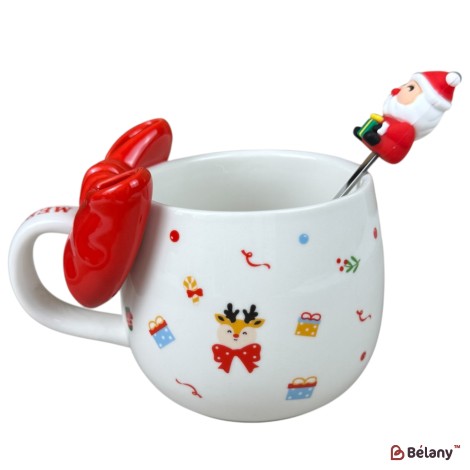 Cană de Crăciun „Funny Xmas” alb cu mâner roșu și Ren cu fundiță, 420 ml