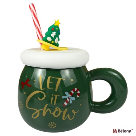 Cana de Crăciun „Let it Snow” verde cu brăduț și pai – 500 ml