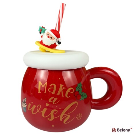 Cana de Crăciun „Make a Wish” roșie cu Moș Crăciun și pai – 500 ml