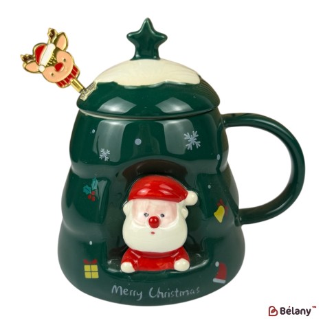 Cană de Crăciun „Moș Crăciun 3D” verde cu capac și linguriță decorată, 480 ml