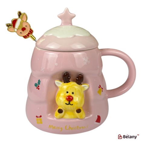 Cană de Crăciun „Moș Crăciun 3D” roz cu capac și linguriță decorată, 480 ml