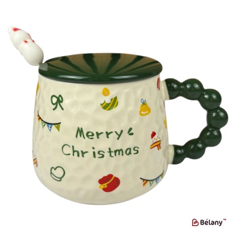 Cană de Crăciun „Merry Christmas” verde cu capac verde și linguriță bastonaș, 400 ml