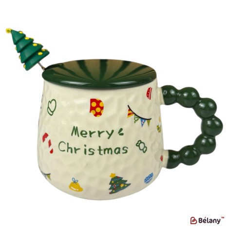 Cană de Crăciun „Merry Christmas” verde cu capac verde și linguriță brăduț, 400 ml