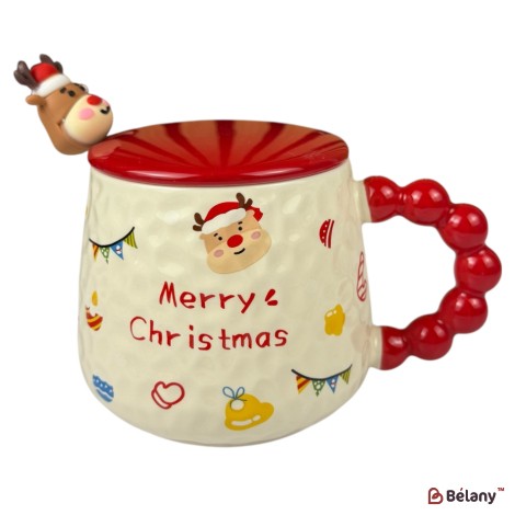 Cană de Crăciun „Merry Christmas” roșie cu capac roșu și linguriță ren, 400 ml
