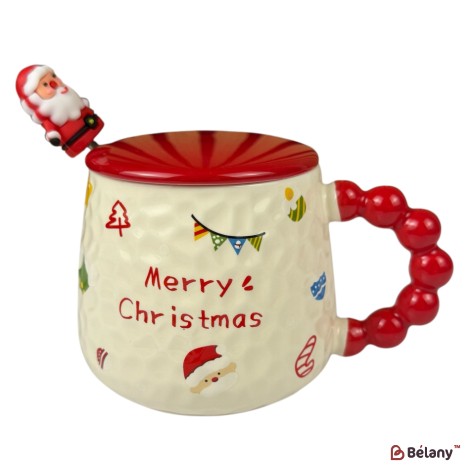 Cană de Crăciun „Merry Christmas” roșie cu capac roșu și linguriță Moș Crăciun, 400 ml