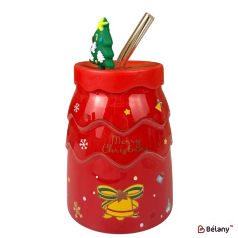 Cană de Crăciun „Merry Christmas” verde cu capac verde și linguriță bastonaș, 400 ml