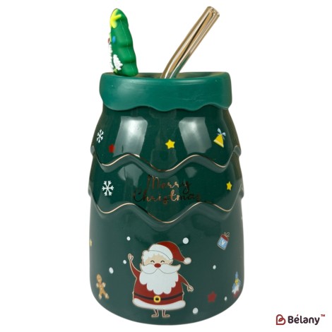 Cană de Crăciun „Pom de iarnă” verde cu Moș Crăciun și pai metalic, 450 ml