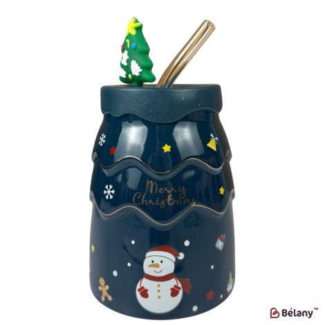 Cană de Crăciun „Pom de iarnă” albastră cu om de zăpadă și pai metalic, 450 ml