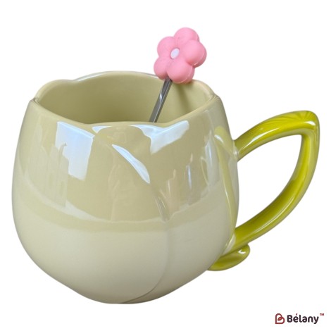 Cană din ceramică „Flower” 360 ml, galbenă cu toartă verde