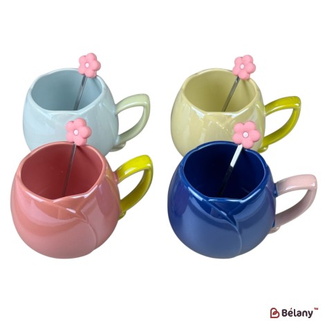 Set 4 căni din ceramică „Flower” 360 ml, Mix 4 culori
