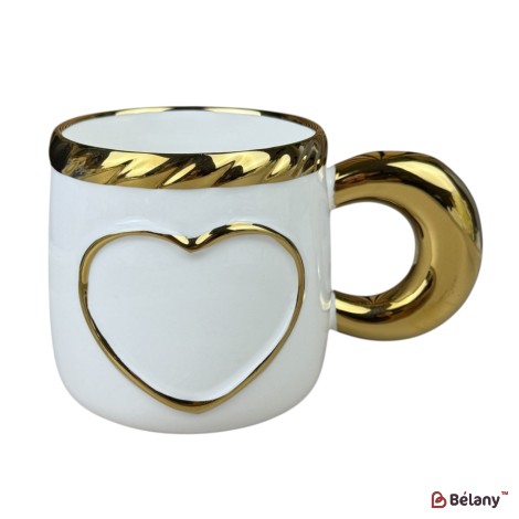 Cană din ceramică „Inimă Gold” albă cu detalii aurii, 380 ml