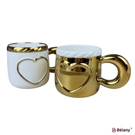 Set 2 căni din ceramică „Inimă Gold”, 380 ml, Mix 2 culori