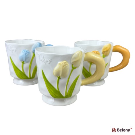 Set 3 căni din ceramică „Tulips”, 400 ml, Mix 3 culori