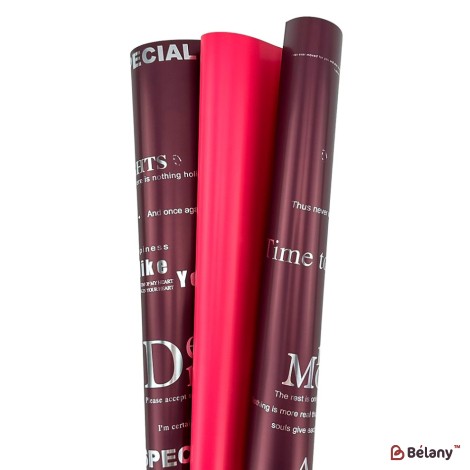 Double-sided burgundy-red cellophane with inscriptions