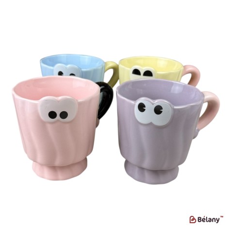 Set 4 căni din ceramică „Funny Eyes”, 360 ml, Mix 4 culori