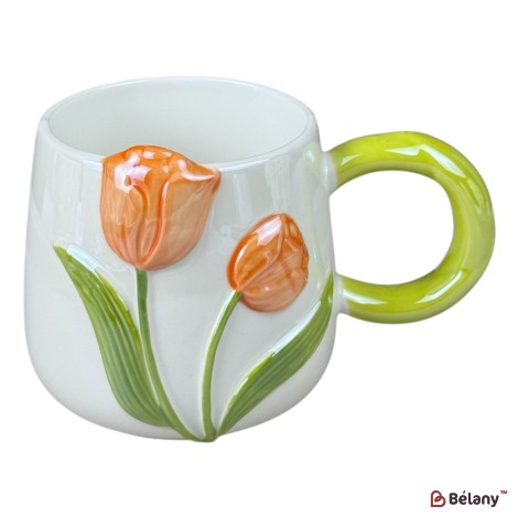 Cană din ceramică „Lalea 3D” albă cu lalele portocalii și mâner verde, 430 ml