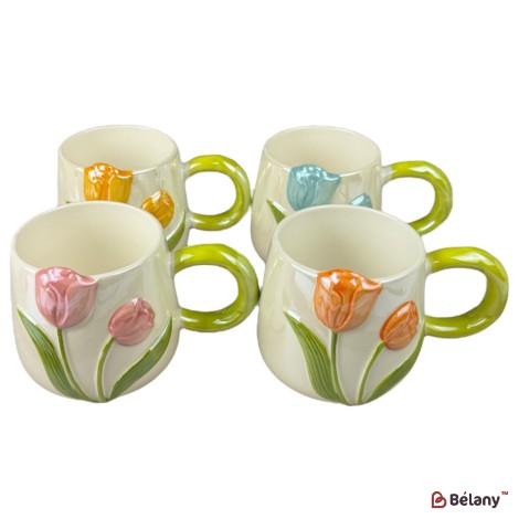Set 4 căni din ceramică „Lalea 3D”, 430 ml, mix 4 culori