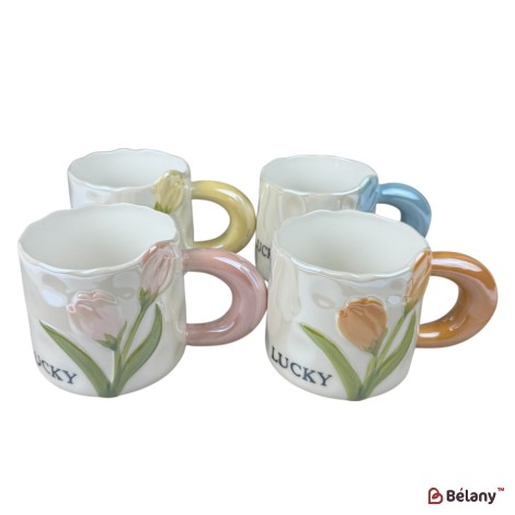 Set 4 căni din ceramică „Lucky Tulip” cu flori în relief și mâner colorat, 380 ml
