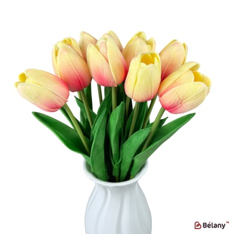 Buchet de lalele artificiale din silicon „Galben cu roz”, 10 fire, 33 cm