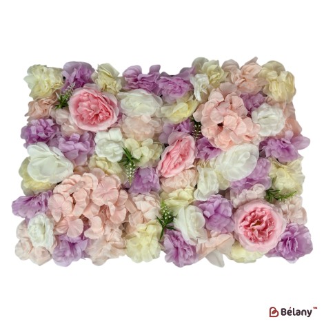 Panou decorativ cu flori mix pastel 40×60 cm – trandafiri, hortensii și bujori în nuanțe de roz, alb, crem și mov