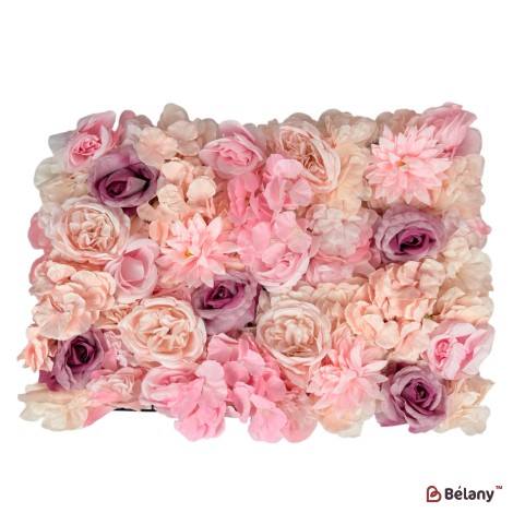 Panou decorativ cu flori 40×60 cm – dalii roz, hortensii roz pal și trandafiri mov