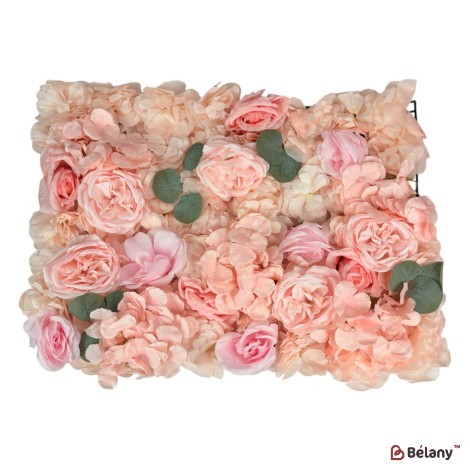 Panou decorativ cu flori 40×60 cm – trandafiri roz, hortensii roz pal și frunze verzi decorative