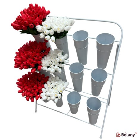 Vitrină florală metalică cu găleți 110×100×50 cm, alb, diametru găleată 22 cm