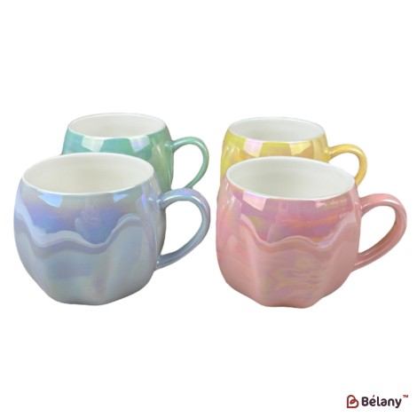 Set 4 căni din ceramică „Pearl Shine” cu efect irizat și design rotunjit, 430 ml