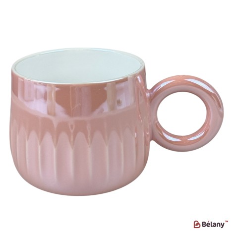 Cană din ceramică „Ring Pastel” roz cu mâner rotund, 400 ml