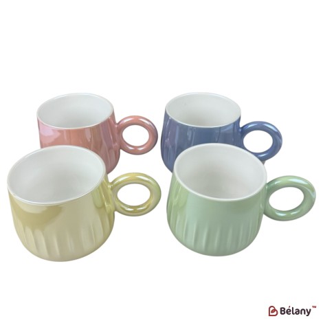 Set 4 căni din ceramică „Ring Pastel” cu mâner rotund și design lucios, 400 ml