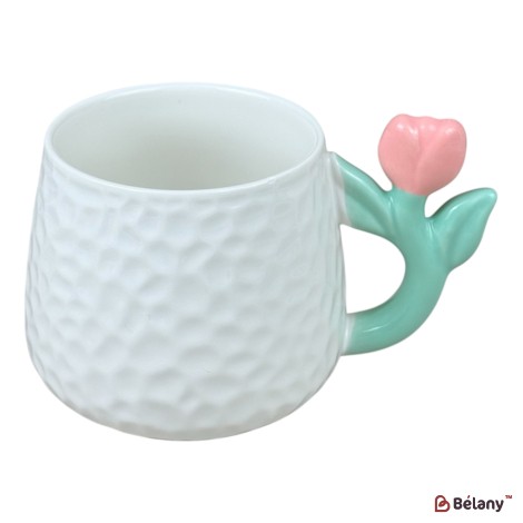 Cană din ceramică „Tulip Handle” albă cu mâner lalea roz, 380 ml